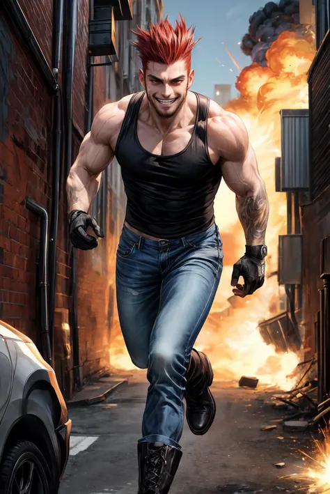 (Absurdres, intricate details, masterpiece, best quality, high resolution, 8k), 1man, 30 year old scruffy man, (druggie), black tank top, jeans, fingerless gloves, spiky mohawk, red hair, goatee, mature, skinny, Black boots, running, bomb in hand, dark all...