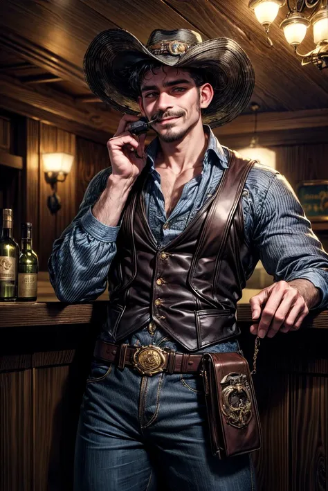 (Absurdres, intricate details, masterpiece, best quality, high resolution, 8k), (1man), (male:1.2), conspicuous smile, cowboy, cowboy hat, moustache, intricate detail, detailed face, sideburns, manly, goatee, barrel gun, old western pub, volumetric lightin...