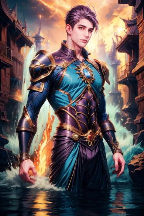 cowboy shot, detailed face, handsome, ((1man)), A violent explosion of light striking A purple hair mage 30 years old man surrounded in water as An armor cinematic shot on canon 5d ultra realistic water skin, intricate metal clotes, accurate hands Steve He...