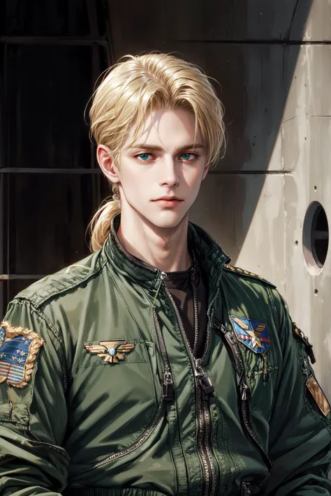 masterpiece, best quality, 1male, handsome, young, tall mature guy, US Air Force pilot, blond hair gathered into a low ponytail, symmetrical eyes,blue eyes, best ratio of four fingers to one thumb, best light and shadow, (dressed in green Air Force pilot j...