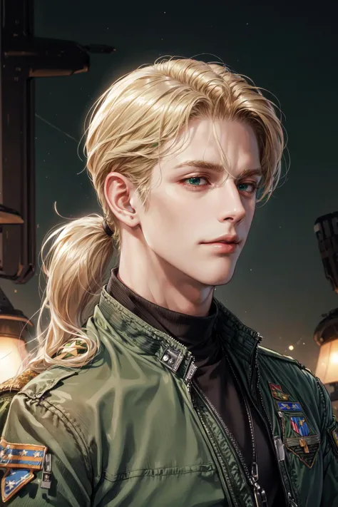 masterpiece, best quality, 1male, handsome, young, tall mature guy, US Air Force pilot, blond hair gathered into a low ponytail, symmetrical eyes,blue eyes, best ratio of four fingers to one thumb, best light and shadow, (dressed in green Air Force pilot j...