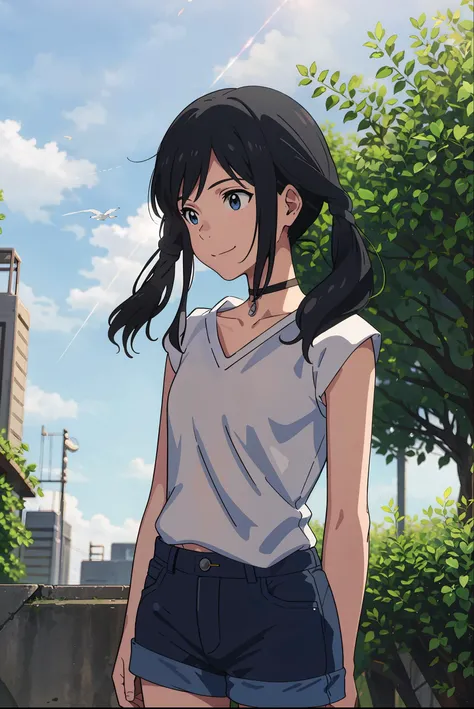 <lora:Amano_Hina:0.7>,amano_hina, 1 girl, solo,(smile),(standing),(upper body),(arms behind back:1.15),twin tails, long black hair, blue eyes,black choker,white sleeveless jacket,denim shorts, bare shoulders,white boots,outdoors,(light rays:1.2),(sun:1.2),...