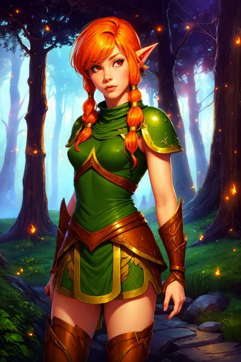 a woman in a green and gold outfit standing in a forest