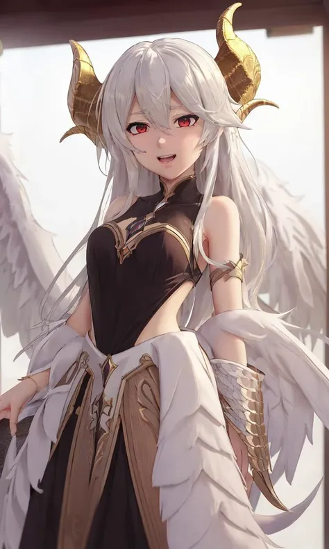 anime girl with white hair and horns in a black dress