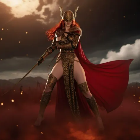 cinematic photo a woman with red hair, winged helmet,breast, sword, red cape, fantasy castle background<lora:malenia1024:0.8> . ...