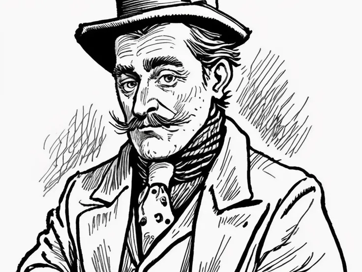 lineart, caricature, stylish Victorian man in a hat and  jacket, <lora:pen-art:0.9>