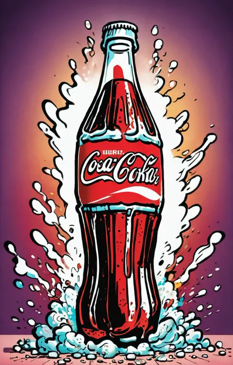 vibrant and colorful, lineart, caricature, coke bottle, explosion of flavor <lora:pen-art:0.9>