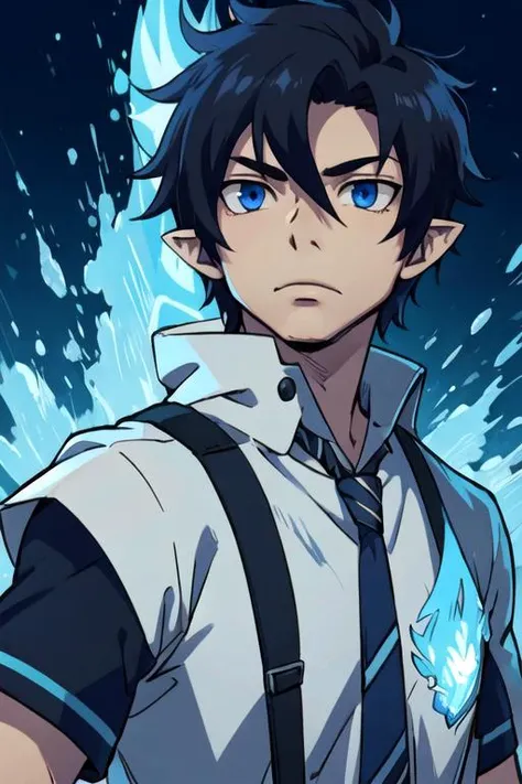 masterpiece, best quality, , 1boy, solo, male focus, looking at viewer, upper body, , <lora:rin_okumura:0.68>, rin_okumura, black hair, blue eyes, , blue fire, , alternate history, 32k resolution