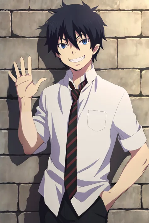 masterpiece, best quality, rin_okumura, 1boy, upper body, standing, (hand up, waving, hand in pocket), looking at viewer, against wall, brick wall, black hair, blue eyes, happy, grin, collared shirt, sleeves rolled up, red striped necktie, black pants,