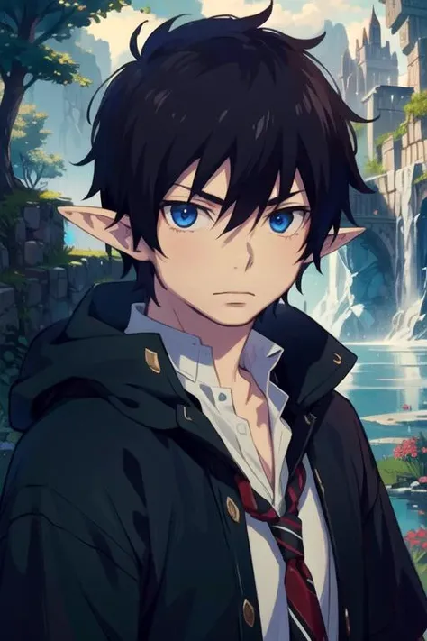 masterpiece, best quality, , 1boy, solo, male focus, looking at viewer, upper body, , <lora:rin_okumura:0.74>, rin_okumura, black hair, blue eyes, pointy ears, , , Middle Earth: A vast and ancient world, home to Elves, Dwarves, Hobbits, and Wizards,