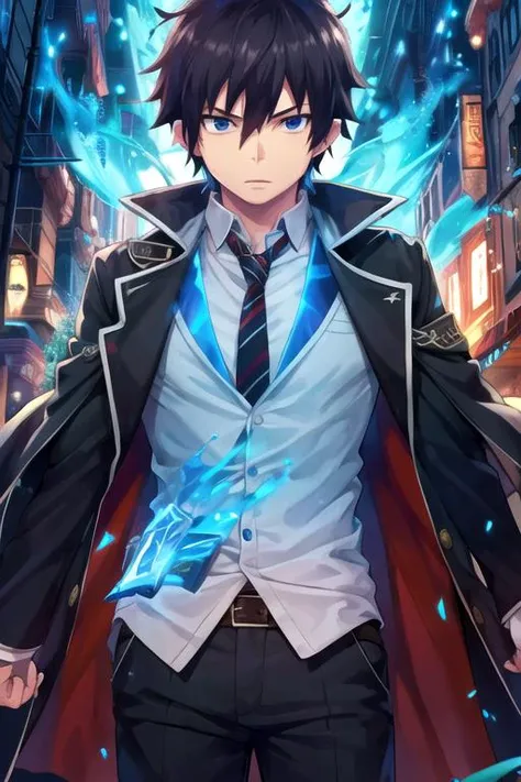 masterpiece, best quality, wallpaper, 1boy, solo, male focus, looking at viewer, , depth of field, <lora:rin_okumura:0.74>, rin_okumura, black hair, blue eyes, , blue fire, , science fiction hardboiled,