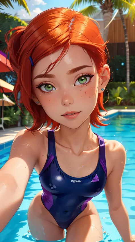 (best quality, masterpiece, colorful, dynamic angle, highest detailed)(gwendolyn tennyson),<lora:Gwen:1>,red hair,purple one-piece_swimsuit,outdoors,pool party,detailed,sunlight passing through hair,bokeh,(intricate details, hyperdetailed:1.15),