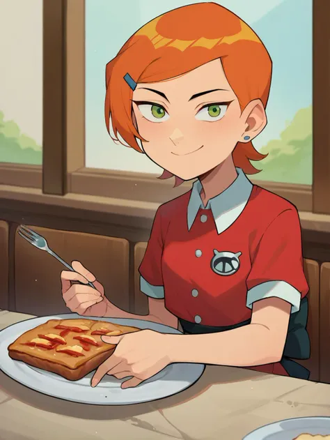 anime girl with red hair eating a piece of toast at a table