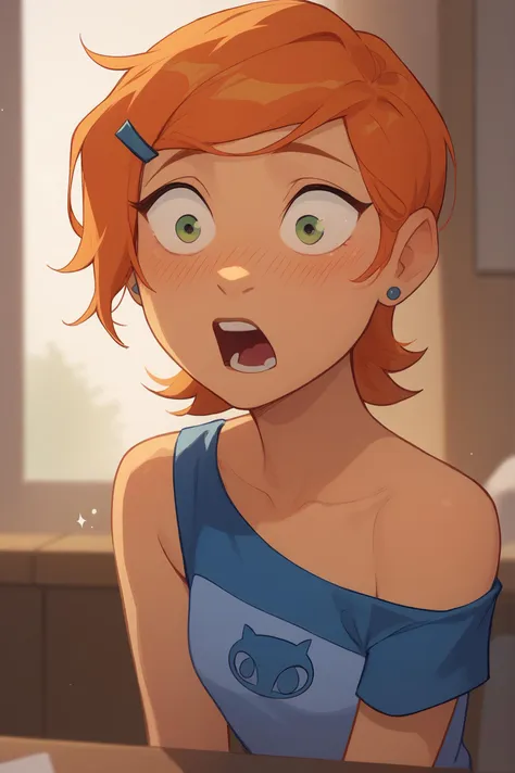 a cartoon girl with red hair and a blue dress is looking surprised