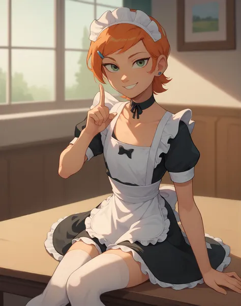 a woman in a maid outfit sitting on a desk with a knife