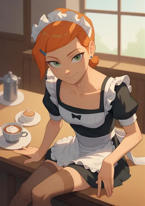 anime girl in maid outfit sitting at a table with a cup of coffee