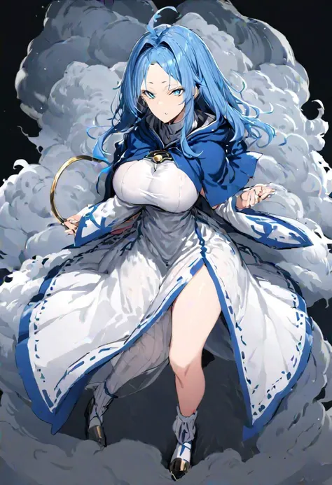 masterpiece, best quality, ultra-detailed, beautiful, nai3, 1boy, solo, full_body, tachi-e, 
kumoi_ichirin, 1girl, hood, kesa, jewelry, capelet, blue eyes, blue hair, dress, nun, ahoge, forehead, sidelocks, hair_intakes, large_breasts, blue_capelet, wide s...