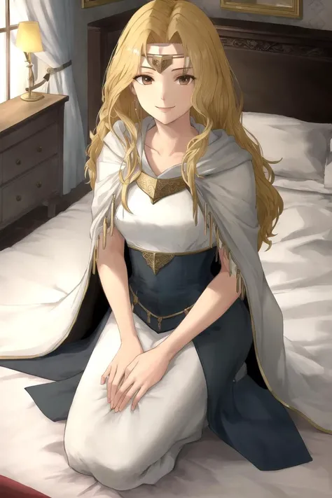 (masterpiece, best quality:1.2), edain, circlet, white dress, cape, from above, looking at viewer, smile, indoors, bed, bedroom, seiza, hands on own lap, 
 <lora:edain-nvwls-v1:1>