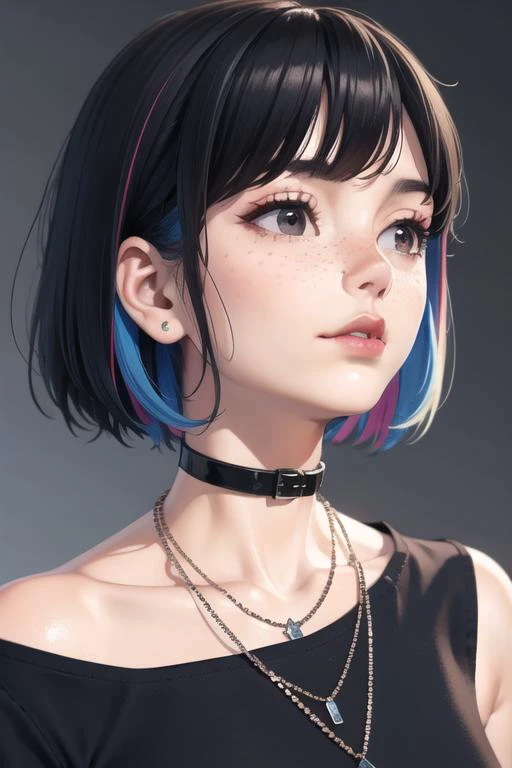 masterpiece, best quality,3d rending work ,3DMM style,close-up,portrait, 3D,1girl, solo, multicolored hair, blue hair, black hair, necklace, freckles, jewelry, two-tone hair, looking to the side, realistic, upper body, simple background, bangs, looking awa...