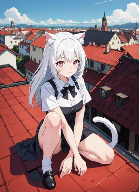 1girl, cat girl, cat ears, cat tail, pink eyes, white hair, :3, on rooftop, beautiful town,