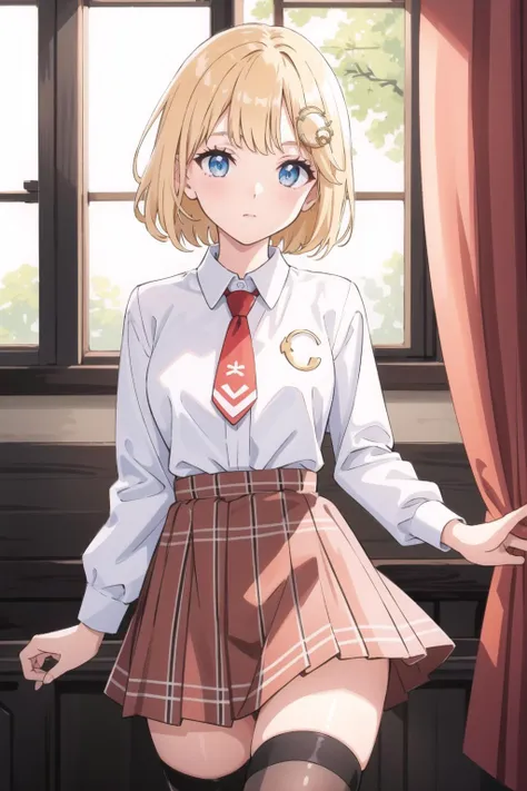 anime girl in school uniform posing in front of window with open curtains