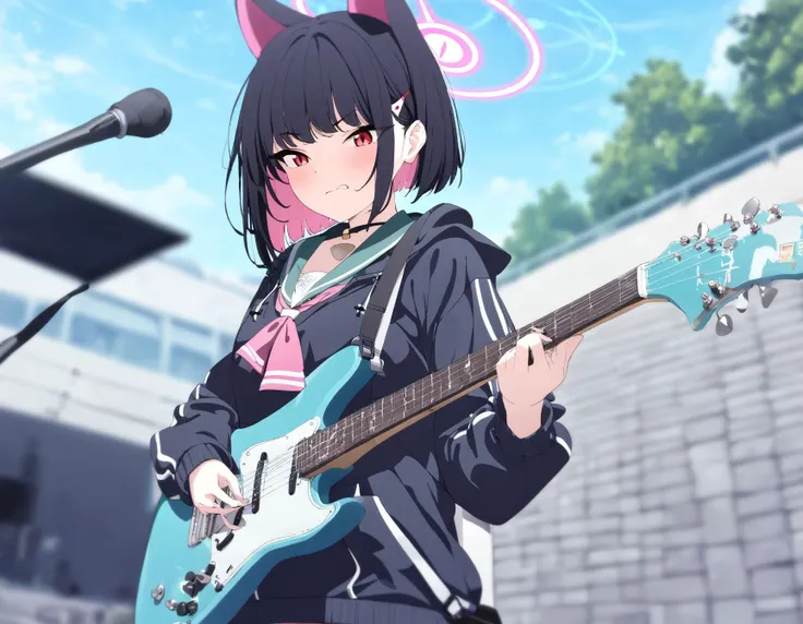 anime girl with a guitar and microphone in front of a microphone