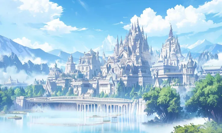 anime castle with a lake and a bridge in front of it