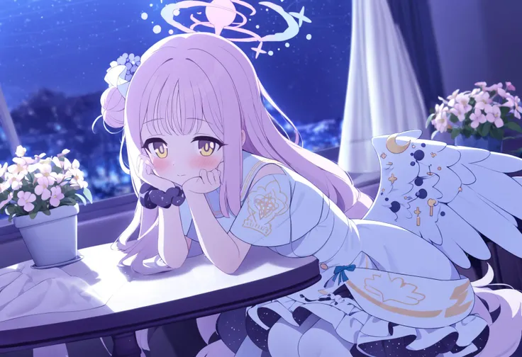 anime girl with pink hair and angel wings sitting on a table