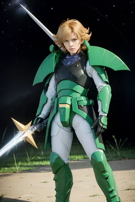 a woman in a green and gray outfit holding a sword