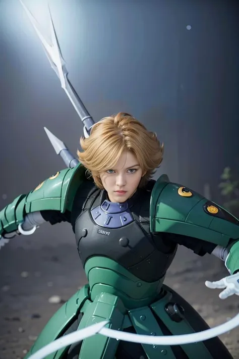 a close up of a person in a green and black outfit holding a sword