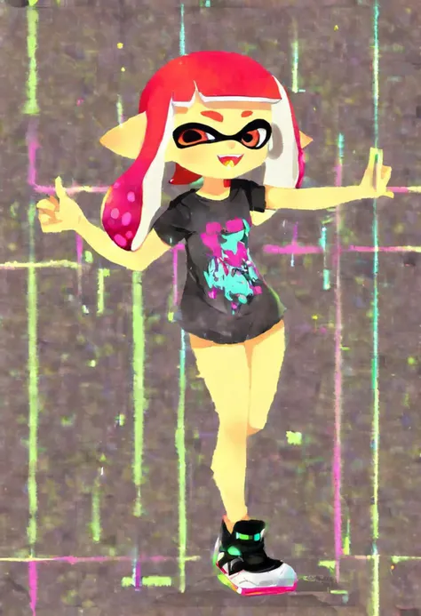 splatoon, inkling girl, redhead, cute, cyberpunk city background, saturated colors, happy, t-shirt, beautiful legs, sneakers