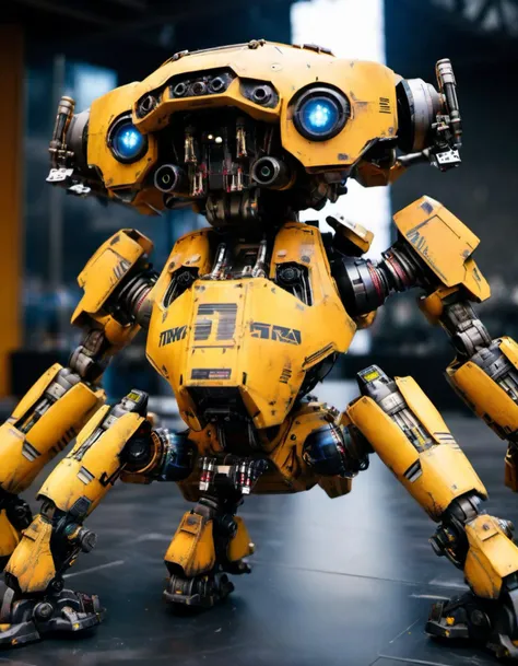 a close up of a yellow robot with a camera on its head