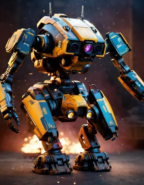 (((absurdres))), (((megamech))), (realistic CGI render of massive robotic battledroid), pov from below, ((pixar quality)), Menacing presence, battle damage, sparks, towering size, emotional ambiance, extreme detail of robot war machine, reflections, (rich ...