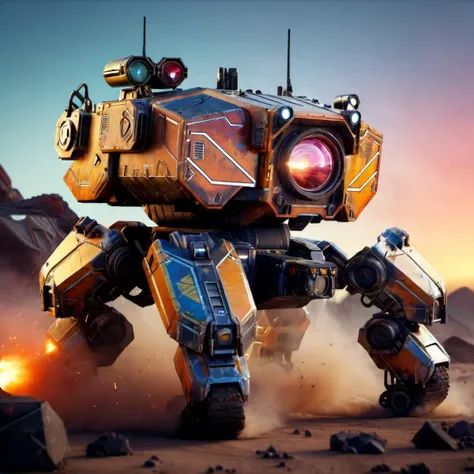 (((absurdres))), (((megamech))), (realistic CGI render of Battlemaster mech from Battletech Universe), ((pixar quality)), Futuristic Battlefield, Mech combat, lasers, explosions, wasteland, dust, volumetric lighting, sunset, reflections, (rich color), 8k