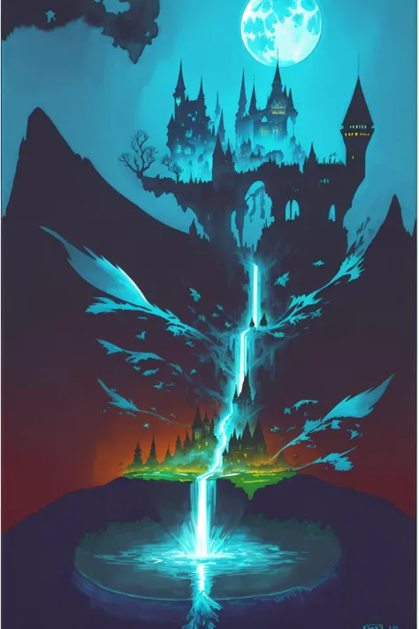 a painting of a castle with a waterfall in front of it