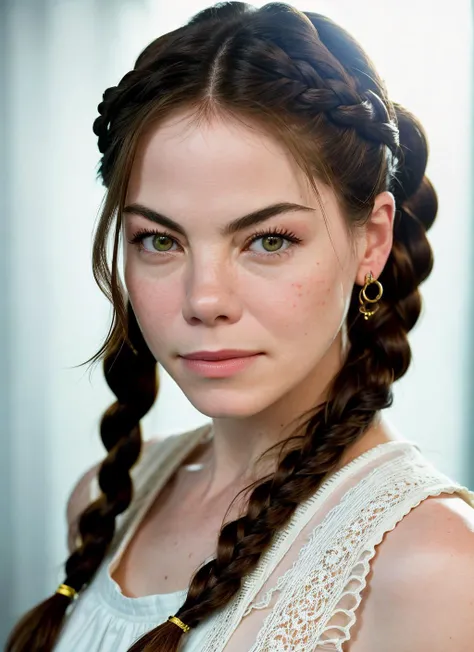 portrait of Michelle Monaghan, interested , wearing top , with white Braids , background factory epic (photo, studio lighting, hard light, sony a7, 50 mm, matte skin, pores, colors, hyperdetailed, hyperrealistic), <lyco:Michelle Monaghan:1.1>