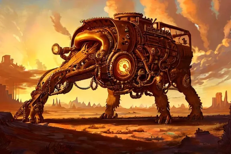 a painting of a steam elephant in a desert with a sunset in the background