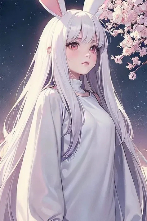 anime girl with long white hair and bunny ears standing under a tree