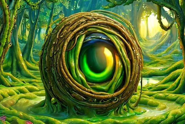 a painting of a green ball in the middle of a forest