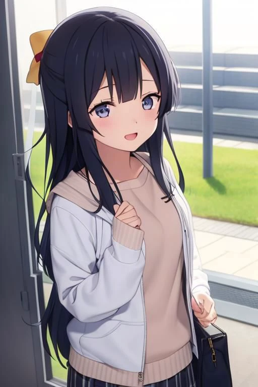 anime girl with long black hair and blue eyes standing in front of a window