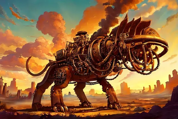 a close up of a large animal with a steam engine on it