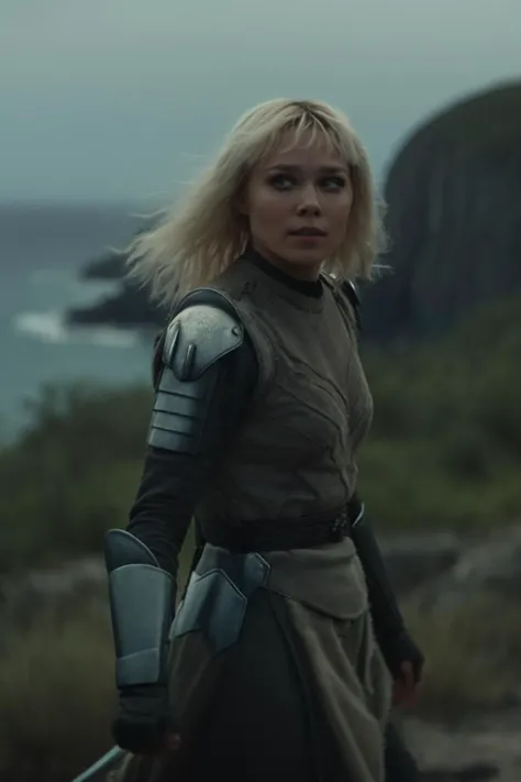 a woman in armor standing on a rocky beach next to the ocean