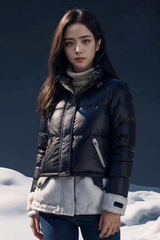 masterpiece, best quality, ultra-detailed, ultra high res, (photorealistic:1.4), raw photo, (realistic:0.2), CG, {4k|8k} HDR, perfect lighting, 1girl, solo, looking at viewer, (winter clothes, padded jacket), outdoor, (snow, snowflakes), night, aurora sky,...