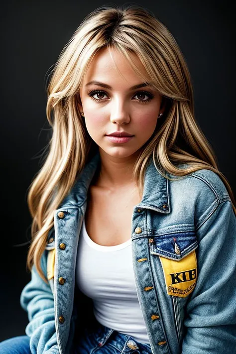 RAW photo of beautiful (cute br1tsp:0.99), a woman with perfect hair, wearing (yellow letterman jacket:1.1),  ((Geek:1.1)), (plain yellow background:1.1), ((jeans trousers)), modelshoot style, (extremely detailed CG unity 8k wallpaper), professional majest...