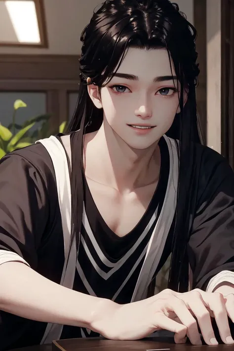 masterpiece,  best quality, highres, ultra-detailed, 1boy, 17 years old boy, black hair, long hair, grey eyes, looking at the viewer, shiny lips, semi-realistic, smiling at the viewer, black tight tank top, short black shorts, <lora:flawlessHusbandoSkin:0....