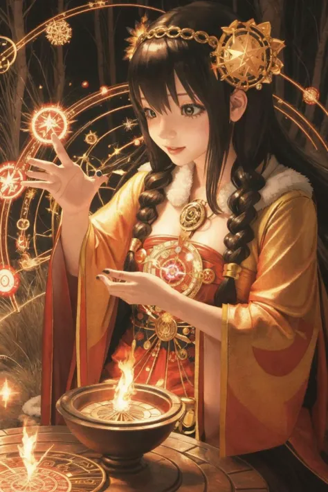 <lora:McDonaldsAdArtStyle:1.2> urachan1629, cute sorceress casting a spell in a summoning circle, sparks, glittering, warm colors, cozy