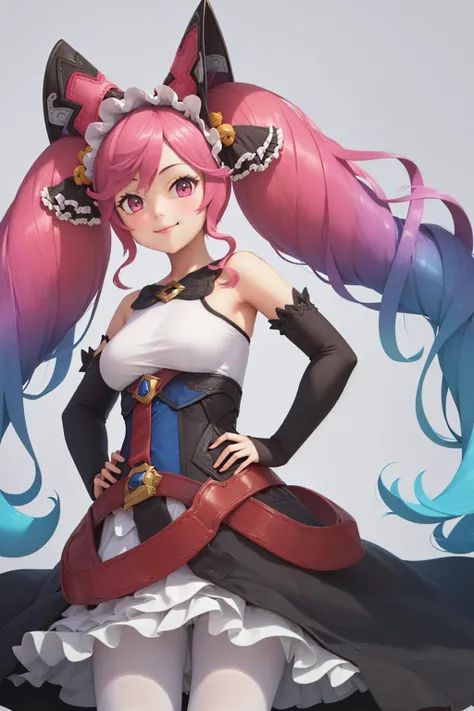 (masterpiece, best quality:1.2), <lyco:dragalialost_cleo-11:1.0>, cowboy shot, solo, 1girl, dlcleo, smile, looking at viewer, hands on hips, twintails, hair ornament, dress, detached sleeves, white pantyhose, bare shoulders