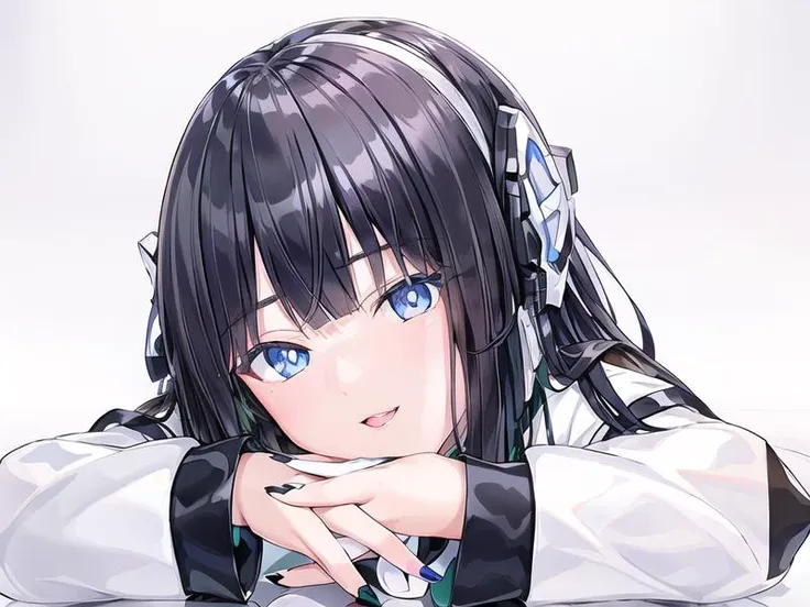 anime girl with long black hair and blue eyes leaning on her hand