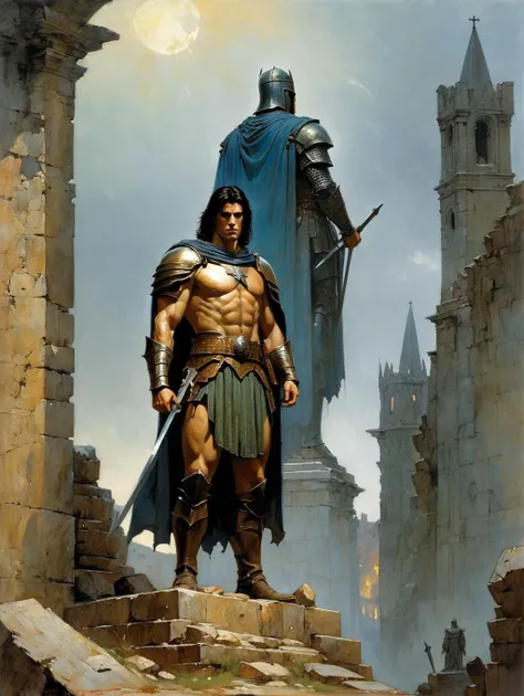 art by Gerard Brom, Alex Maleev (best quality, masterpiece, ),(Warrior in tattered armor, back to screen, standing in front of statue),Standing in the ruins of a medieval town with his back to the screen, with a damaged stone statue in the center of the sc...