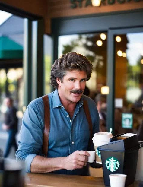 michaelknight portrait photo of a man wearing hipster clothes, hilarious (hook mustache:1.2), ordering coffee at starbucks, high quality, high resolution, nice bokeh, professional photography <lora:hjmichaelknight_v10xl:0.8>